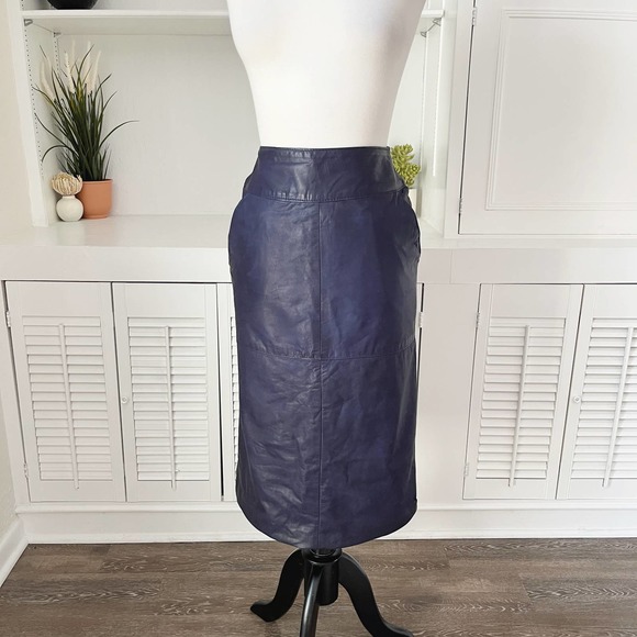 Vintage Dresses & Skirts - Vintage Gino di Giorgio Navy Blue Patchwork Leather Midi Skirt Size S